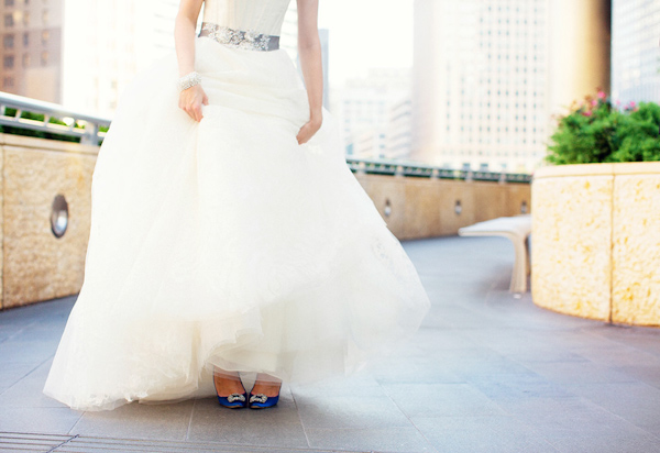 Wedding dress with silver belt and something blue shoes - Photo by Olivia Leigh Photographie